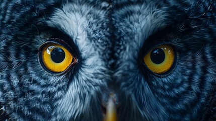 Fototapeta premium Captivating Gaze of a Great Gray Owl in the Darkened Night Sky - Closeup of Piercing Yellow Eyes and Fierce Predatory Presence