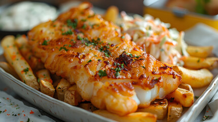 British Traditional Fish and chips with mashed peas, tartar sauce on crumpled paper.