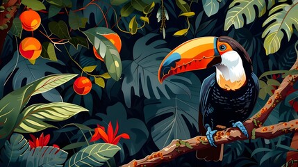 Naklejka premium Colorful Toucan Perched On A Lush Branch In The Vibrant Amazon Rainforest Jungle Atmosphere