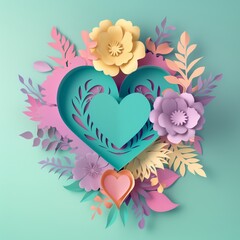 3D paper cut art in the style of flat illustration of heart with flowers and leaves, pastel color palette, aquamarine background.