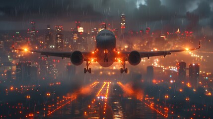 Dramatic Night Takeoff from Bustling Metropolitan Airport with Twinkling City Lights Below - obrazy, fototapety, plakaty