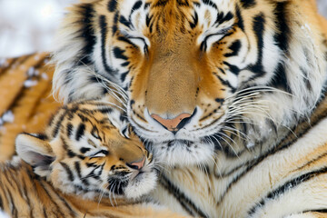 Tiger cub nestled against its mother, emphasizing safety and bond