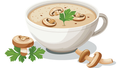 Vector illustration of mushroom soup in a white ceram - obrazy, fototapety, plakaty