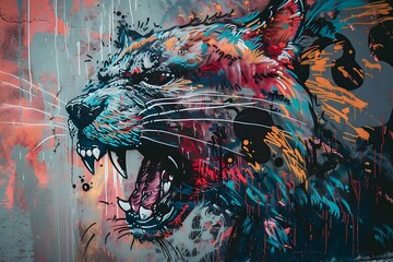 : A detailed stencil art of a wild animal in a urban environment