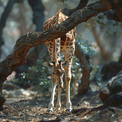 A giraffe attempting to limbo under a tree branch but getting stuck halfway, neck extended comically.