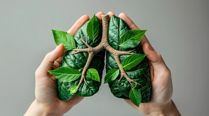 Green Leaf Lungs Cupped in Hands,Symbolic of Fresh Air and Eco-Friendly Living