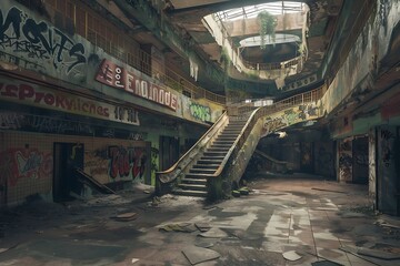 : A desolate, abandoned city, with graffiti and vandalism everywhere