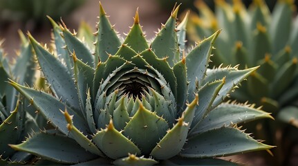 Beautiful close-up of a flowering Green Victoria Agave Cactus .Generative AI