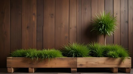 Green grass and plant and white wood pallet decoration on the wall .Generative AI