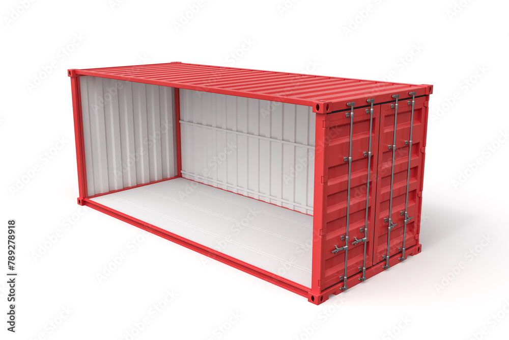 Poster 3d rendering of open empty red shipping container side view isolated on white background