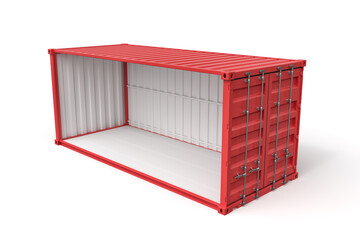 3d rendering of open empty red shipping container side view isolated on white background