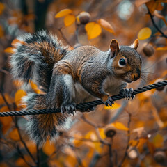 A squirrel attempting a high-wire act between trees, only to get distracted by acorns.