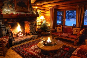 : A cozy and inviting log cabin with a warm fireplace