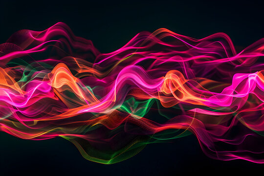 Dynamic neon waves of pink and orange. Electrifying green highlights on black background.