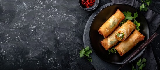 Naklejka premium Top view of fried spring rolls on a black iron plate against a grey stone slate background with space for text.