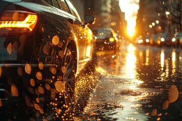 Vivid image showcasing the golden sunlight reflecting on wet asphalt with cars, creating a bokeh effect