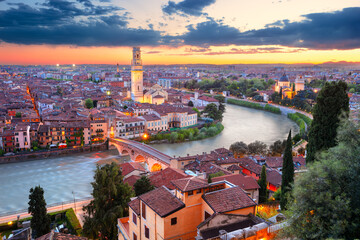 Fototapeta na wymiar Verona, Italy. Aerial cityscape image of Verona, Italy at beautiful spring sunset.