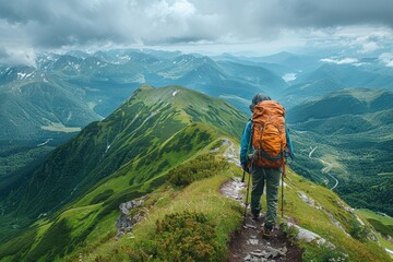 Hiker reaches summit of a lush mountain, absorbing the sheer enormity and beauty of the landscape and skies