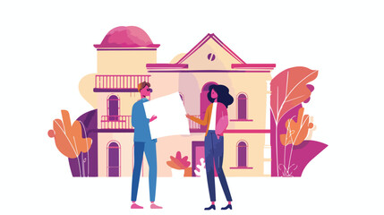Woman architecture and man client with project plan illustration