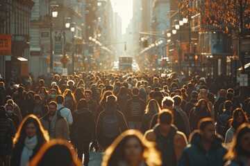 Fototapeta na wymiar The image captures a busy street filled with people at sunset, creating a warm golden hour effect