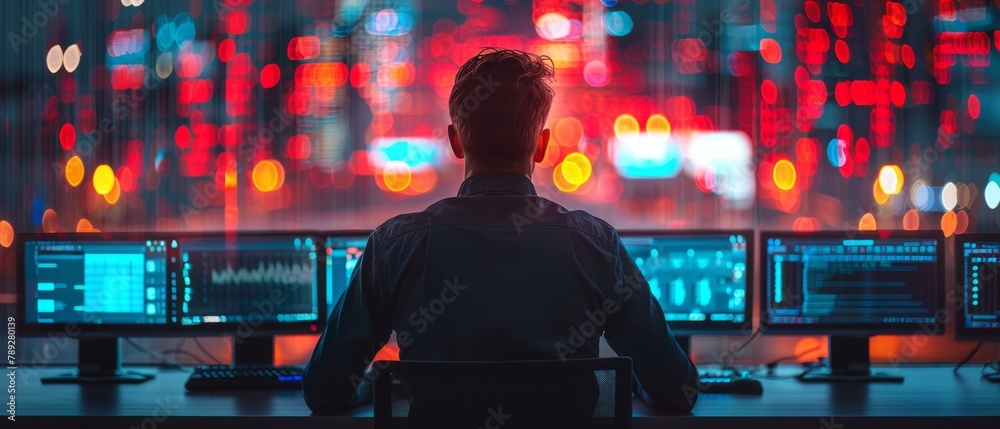 Poster rear view of a man overseeing complex data analysis in a futuristic command center-like environment