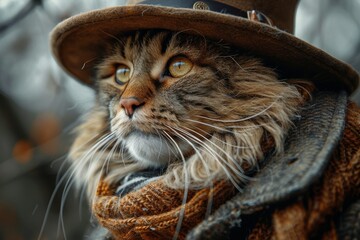 Detailed close-up of a Maine Coon cat dressed in vintage attire complete with a stylish hat