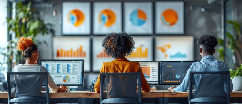 A diverse team of professionals analyzing financial data on multiple large screens in a modern office