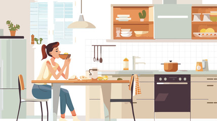 Woman eating soup in kitchen. Hand drawn style vector