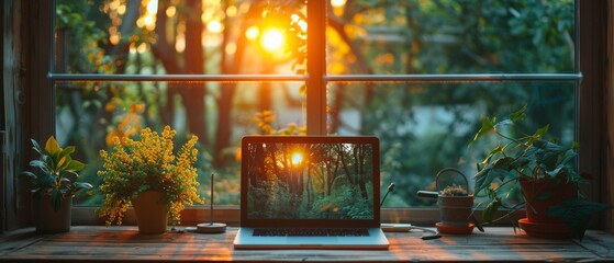 A tranquil workspace featuring a laptop with sunset reflection, surrounded by indoor plants and golden hour sunlight coming through the window - Powered by Adobe