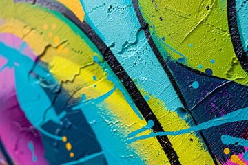 : A close-up of a vibrant graffiti mural with a splash of blues and greens