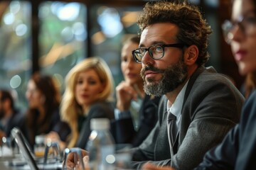 Bearded man in stylish eyewear engaged in an intense discussion during a meeting