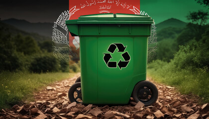 A garbage bin stands amidst the forest backdrop, with the Afghanistan flag waving above. Embracing eco-friendly practices, promoting waste recycling, and preserving nature's sanctity.