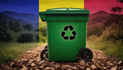 A garbage bin stands amidst the forest backdrop, with the Andorra flag waving above. Embracing eco-friendly practices, promoting waste recycling, and preserving nature's sanctity.