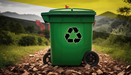 A garbage bin stands amidst the forest backdrop, with the Brunei flag waving above. Embracing eco-friendly practices, promoting waste recycling, and preserving nature's sanctity.