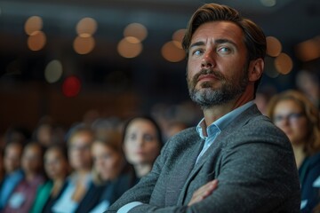 Fototapeta premium Handsome businessman with a beard deeply focused at a seminar
