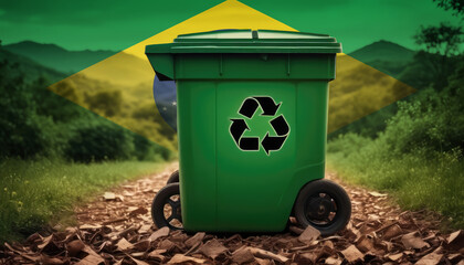 A garbage bin stands amidst the forest backdrop, with the Brazil flag waving above. Embracing eco-friendly practices, promoting waste recycling, and preserving nature's sanctity.