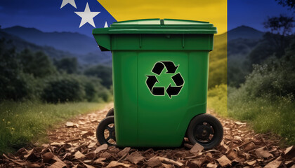 A garbage bin stands amidst the forest backdrop, with the Bosnia and Herzegovina flag waving above. Embracing eco-friendly practices, promoting waste recycling, and preserving nature's sanctity.
