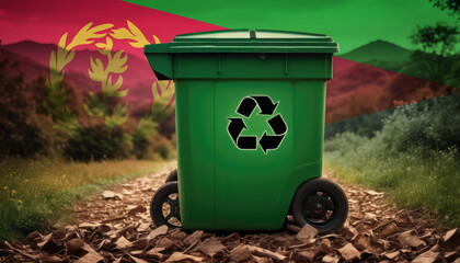 A garbage bin stands amidst the forest backdrop, with the Eritrea flag waving above. Embracing eco-friendly practices, promoting waste recycling, and preserving nature's sanctity.