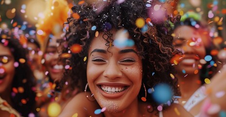 Cover with a girl in the background of the celebration. Open space. Confetti, holiday, party. Bright emotions, colors, joy. Concept of celebration, fair.