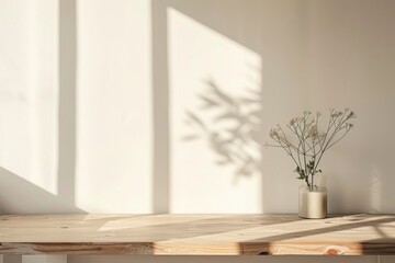 Table background of free space and kitchen interior.White wall with shadows and sunny warm morning time.Copy space for your composition - generative ai