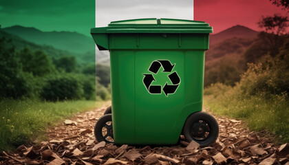 A garbage bin stands amidst the forest backdrop, with the Italy flag waving above. Embracing eco-friendly practices, promoting waste recycling, and preserving nature's sanctity.