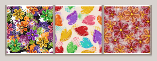 Seamless floral patterns with chamomile flowers, colorful hearts, splattered paint, halftone shapes. Groovy, hippie, naive style. Good for apparel, fabric, textile, surface design.