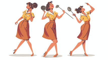 Woman housewife holding ladle like microphone singing