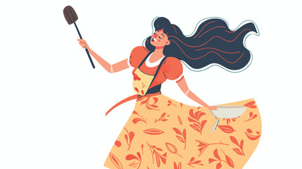 Woman housewife holding ladle like microphone singing