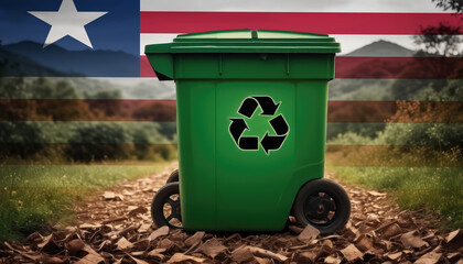 A garbage bin stands amidst the forest backdrop, with the Liberia flag waving above. Embracing eco-friendly practices, promoting waste recycling, and preserving nature's sanctity.