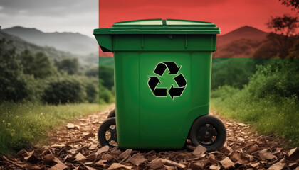A garbage bin stands amidst the forest backdrop, with the Madagascar flag waving above. Embracing eco-friendly practices, promoting waste recycling, and preserving nature's sanctity.