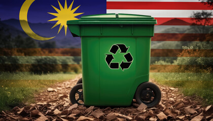 A garbage bin stands amidst the forest backdrop, with the Malaysia flag waving above. Embracing eco-friendly practices, promoting waste recycling, and preserving nature's sanctity.