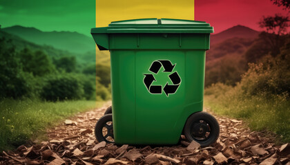 A garbage bin stands amidst the forest backdrop, with the Mali flag waving above. Embracing eco-friendly practices, promoting waste recycling, and preserving nature's sanctity.