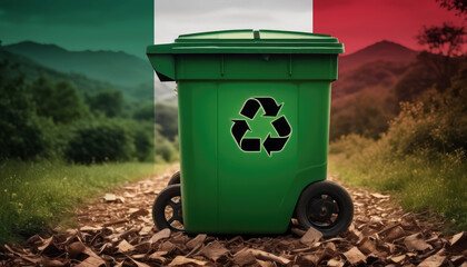 A garbage bin stands amidst the forest backdrop, with the Mexico flag waving above. Embracing eco-friendly practices, promoting waste recycling, and preserving nature's sanctity.