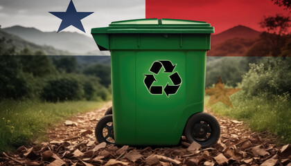 A garbage bin stands amidst the forest backdrop, with the Panama flag waving above. Embracing eco-friendly practices, promoting waste recycling, and preserving nature's sanctity.